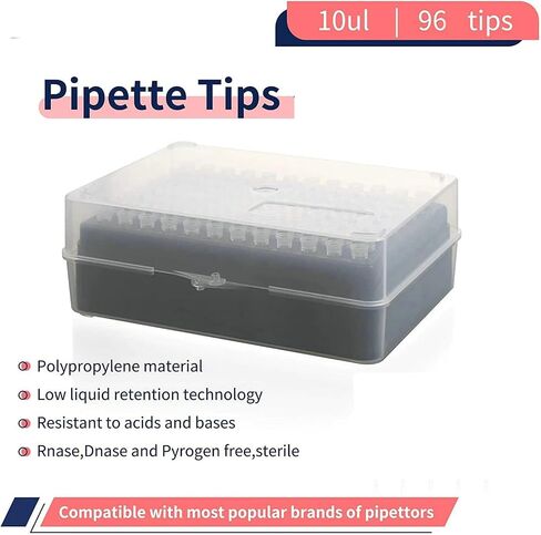 أطراف ماصات 10ul - أطراف ماصات عالمية، مع صندوق خالٍ من RNase/DNase وآمن للبيروجين، 96 طرف/رف Pk × 10 رفوف (960 طرف) in Kuwait