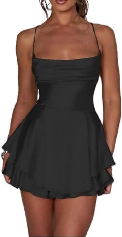 Women Summer Sexy Solid Color Satin Romper Dress Spaghetti Strap Backless Tie-Up Ruffle Layer Short Jumpsuits in Saudi Arabia