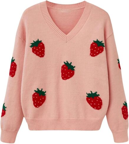 SweatyRocks Girl's Cute Graphic Pattern V Neck Sweater Long Sleeve Drop Shoulder Pullover Knit Tops in Saudi Arabia