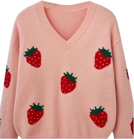 SweatyRocks Girl's Cute Graphic Pattern V Neck Sweater Long Sleeve Drop Shoulder Pullover Knit Tops in Saudi Arabia