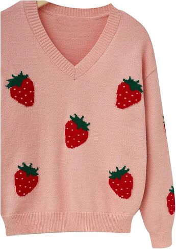 SweatyRocks Girl's Cute Graphic Pattern V Neck Sweater Long Sleeve Drop Shoulder Pullover Knit Tops in Saudi Arabia