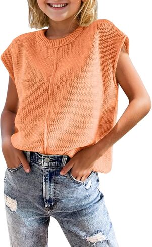 Girls Summer Cap Sleeve Tops Cute Casual Crew Neck Loose Knit Lightweight Teen Sweaters Fashion Pullover Tops in Saudi Arabia