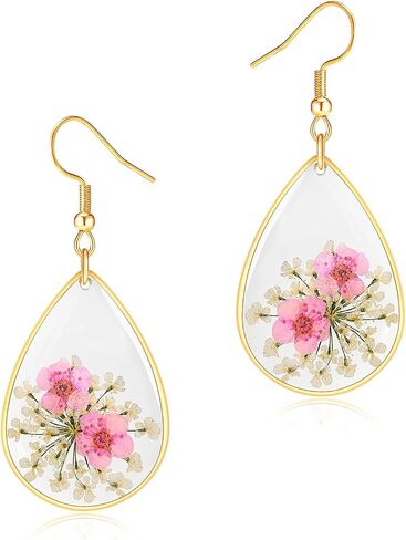 Jayden Earrings for Women - Real Flower Small Earrings - Daffodil and Queen Anne's Lace Pressed Flower Earrings,Handmade Unique Resin Earrings Perfect for Parties or Gifting(Rose Gold) in Saudi Arabia