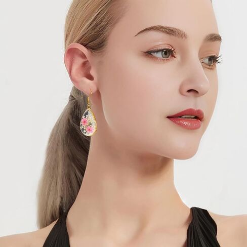 Jayden Earrings for Women - Real Flower Small Earrings - Daffodil and Queen Anne's Lace Pressed Flower Earrings,Handmade Unique Resin Earrings Perfect for Parties or Gifting(Rose Gold) in Saudi Arabia