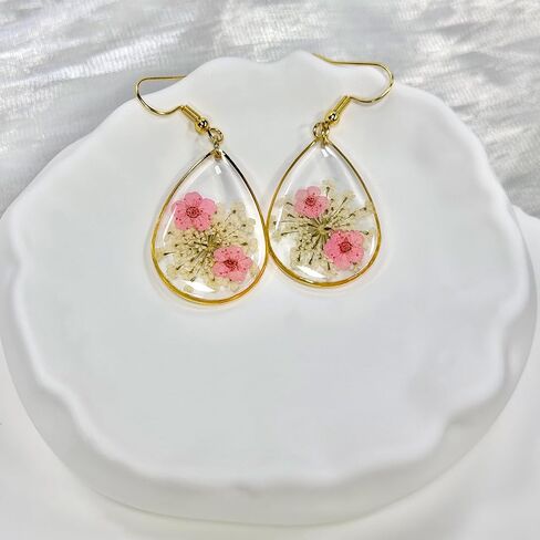 Jayden Earrings for Women - Real Flower Small Earrings - Daffodil and Queen Anne's Lace Pressed Flower Earrings,Handmade Unique Resin Earrings Perfect for Parties or Gifting(Rose Gold) in Saudi Arabia