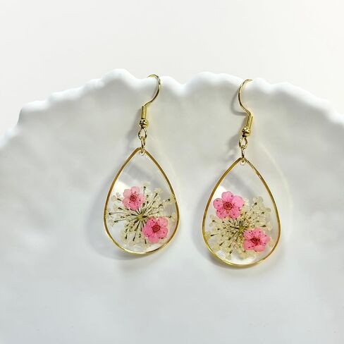Jayden Earrings for Women - Real Flower Small Earrings - Daffodil and Queen Anne's Lace Pressed Flower Earrings,Handmade Unique Resin Earrings Perfect for Parties or Gifting(Rose Gold) in Saudi Arabia