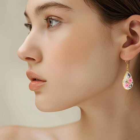 Jayden Earrings for Women - Real Flower Small Earrings - Daffodil and Queen Anne's Lace Pressed Flower Earrings,Handmade Unique Resin Earrings Perfect for Parties or Gifting(Rose Gold) in Saudi Arabia
