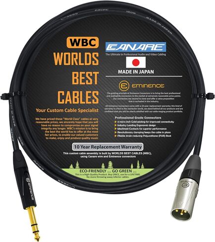 WORLDS BEST CABLES 6 Foot - Canare L-4E6S, Star Quad Balanced XLR to TRS Patch Cable with Eminence Gold E311 Male XLR & E502 TRS Stereo Plugs - Custom Made in Saudi Arabia