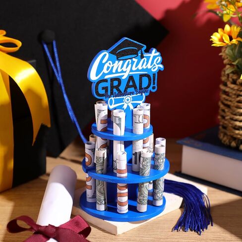 Graduation Gift Money Holder 2024 Graduation Gift Holders with 16 Holes Wooden Graduation Tiered Tray Cash Cake Graduation Money Tree Congrats Grad Holiday Party Supplies(Blue) in Saudi Arabia