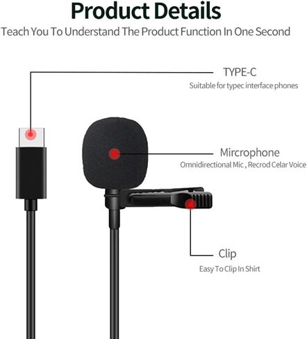 LituFoto USB Type-C Lavalier Microphone for Android,Omnidirectional Lapel Microphone Kit for Audio Video Recording, Easy Clip-on Wired Mic for YouTube Interview （6.56feet） in Saudi Arabia
