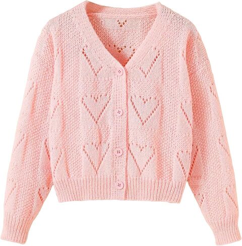 OYOANGLE Girl's Heart Pattern Hollow Out Open Front Button Down V Neck Drop Shoulder Long Sleeve Cardigan Sweater in Saudi Arabia