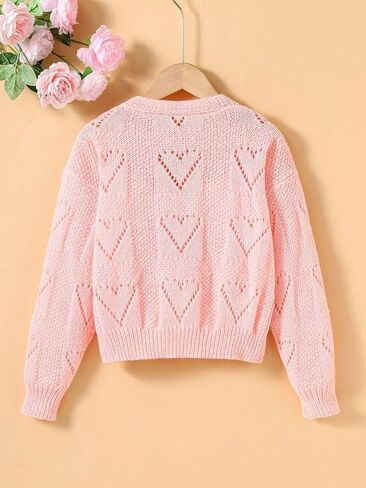 OYOANGLE Girl's Heart Pattern Hollow Out Open Front Button Down V Neck Drop Shoulder Long Sleeve Cardigan Sweater in Saudi Arabia