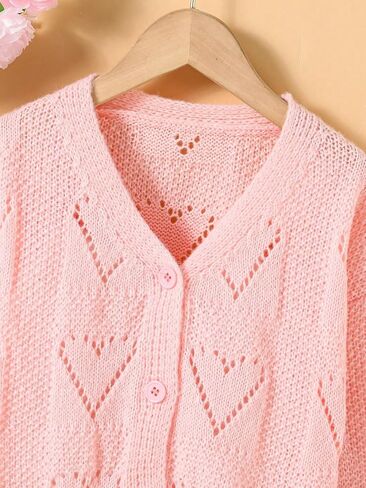 OYOANGLE Girl's Heart Pattern Hollow Out Open Front Button Down V Neck Drop Shoulder Long Sleeve Cardigan Sweater in Saudi Arabia