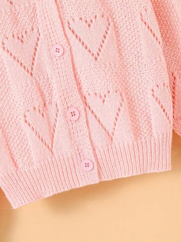 OYOANGLE Girl's Heart Pattern Hollow Out Open Front Button Down V Neck Drop Shoulder Long Sleeve Cardigan Sweater in Saudi Arabia