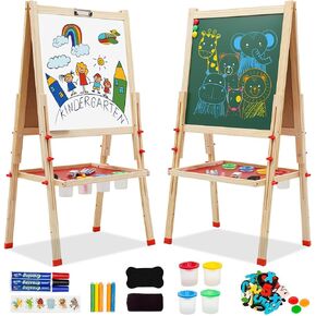 Wooden Art Easel for Kids, Double Sided Kids Easel with Whiteboard & Chalkboard, Height Adjustable Standing Toddler Easel with Painting Accessories, Education Gift for Boys and Girl Toddler