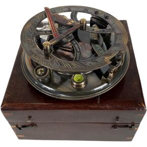 Antique Nautical Big Brass Sundial Compass Gilbert & Sons Retro Wooden Collectible Box