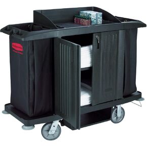 Rubbermaid Commercial Products Housekeeping Cart, Full Size, Black, Maid Cart, 3 Shelves, Cleaning Organization and Supplies Storage