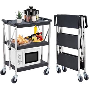 Foldable Utility Service Cart w/ 360° Swivel Wheels Lockable, 300LbsLoad Capacity, XL 3-Tier Tool Carts for Restaurant Garage Office Outdoor Storage and Transport, Stainless Steel Frame