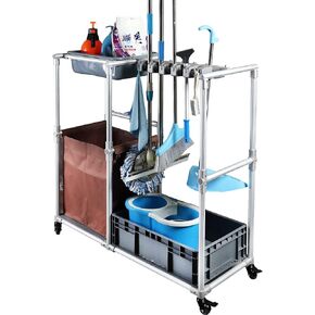 Janitorial cart Rolling Cleaning cart on Wheels for Cleaning Supplies Housekeeping Station Broom and mop Organizer