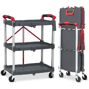 Portable Folding Service Cart, 3-Tier Fold Up Rolling Cart, Collapsible Push Cart with Wheels, 56 Lbs Load Capacity per Shelf Folding Utility Carts for Home/Office/Warehouse