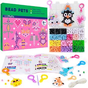 LORHAKI Bead Pets Kit, Art Craft Gift for Kids, Bead Animals Keychain Kit, Bead Art Craft Set for Beginners with Instructions, Pony Beads for Keychain Making Kit, DIY Jewelry Making Kit for Girls