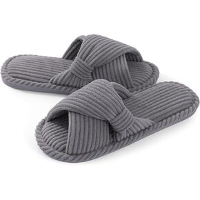 Evshine Summer House Slippers for Women Corduroy Cross Bow Indoor Slippers Open Toe Slip On Bedroom Shoes with Memory Foam
