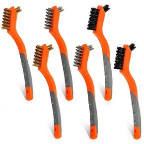 MAXMAN Wire Brush Set, 6Pcs Nylon/Brass/Stainless Steel Bristles for Cleaning, 7 Inches Scratch Brush with Curved Handle Grip for Rust, Dirt Remover & Paint Scrubbing with Deep Cleaning
