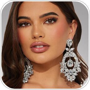 Costume Silver Large Rhinestone Earrings Dangling Trendy Bling Oversized Statement Earrings For Women Formal