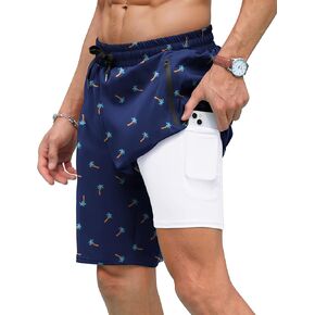 Mens Swim Trunks with Compression Liner 7 Inch Quick Dry Swimming Swimwear Board Shorts with Zipper Pockets