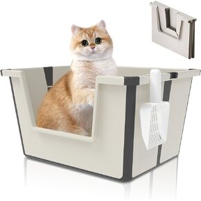 Travel Portable Cat Litter Box, Foldable High Side Low Entry Cat Potty Pan, Open Top Litter Tray, Anti Splashing Non-Stick Pet Toilet with Scoop, Indoor and Outdoor