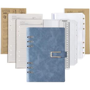 Refillable A5 Notebook Set with Cover - 6 Hole Loose Leaf PU Binder Cover + 87 sheets (174 Pages) of Lined Paper + 1pc A5 Zipper Binder Pockets +1 pc A5 3-pockets storing bag +Index Note Tabs