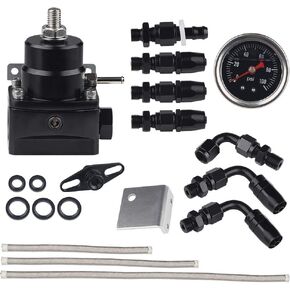 WATERWICH Aluminum EFI Fuel Pressure Regulator Kit Adjustable with 100 Psi Pressure Gauge AN6-6AN Fuel Line Hose Fitting Connectors Kit Universal (Black)