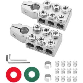 Battery Terminal Connector,12-Way Connectors, 8AWG up to 4/0(XL) AWG Gauge, Positive and Negative (+/-)(1 Pair) for SAE/DIN/EN Tapered Top Post,Battery Terminal Clamps