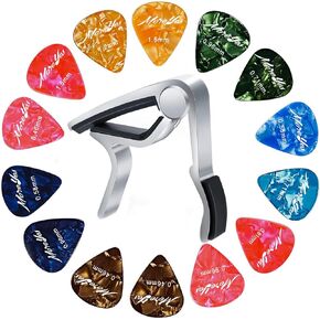 MOREYES Guitar Capo with Guitar Picks 0.46mm 0.58mm 0.71mm 0.81mm 0.96mm 1.2mm 1.5mm for Acoustic Guitar Electric Guitar Electric Guitar Bass (Silver)