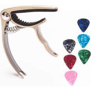 Guitar Capo with 6 Free Picks for Ukulele Acoustic and Electric Guitars, Quick Change Ukulele & Banjo Capos(Silver)