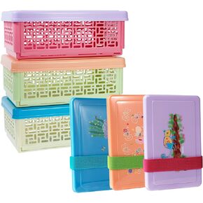 3 Pack Foldable Small Plastic Snack Containers with Lids Mini Collapsible Storage Crates for Crafts,Pantry,Office,School,Kitchen,Table(7.5''x4.5''x2.8'') 1 Qt
