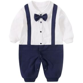 HUAANIUE Newborn Baby Boys Gentleman Romper One Piece Long Sleeve Bowtie Outfit Formal Wear Tuxedo Suit