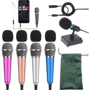 2 Pack Mini Microphone Portable Tiny Microphone Little Phone Microphone with 3.5mm Plug Holder Clip Stand for Voice Recording Chatting and Singing Compatible with Smartphone PC