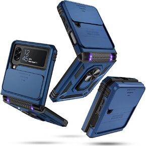 Janmitta Samsung Galaxy Z Flip 4 Case Built in Slide Camera Lens Cover+Hinge Protection+Finger Ring Stable Kickstand, Heavy Duty Shockproof Full Body Protective Phone Cover,2022 Blue