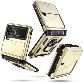 جراب Janmitta لهاتف Samsung Galaxy Z Flip 4 مدمج بغطاء عدسة كاميرا منزلق + حماية المفصلات + مسند ثابت بحلقة الإصبع، غطاء هاتف واقٍ لكامل الجسم مقاوم للصدمات شديد التحمل، 2022 أرجواني بناتي in Kuwait