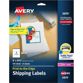 ملصقات شحن قابلة للطباعة من Avery مع تغذية مؤكدة، 3 بوصة × 3.75 بوصة، أبيض، 150 ملصق بريدي فارغ (6874)