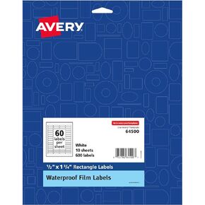 Avery Durable Waterproof Oil-Resistant Film Labels with Sure Feed Technology, 0.5" x 1.75", Laser/Pigment-Inkjet, 600 Labels (64500)