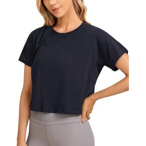 CRZ YOGA Women's Pima Cotton Workout Short Sleeve Shirts Loose Crop Tops Athletic Gym Shirt Casual Cropped T-Shirt Navy X-Large