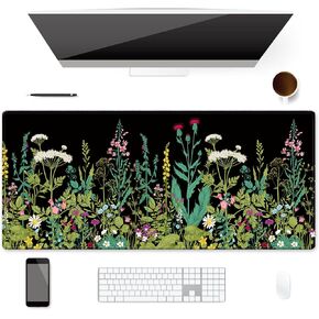 Extended Gaming Mouse Pad (35.4x15.7 inch 3mm Thick), Soft Cute Extra Large XXL Waterproof Thicken Desk Mouse Keyboard Mat with Non-Slip Rubber Base & Stitched Edges, Green Plants