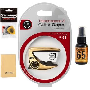 G7th Performance 3 ART Capo - 6 String, 18kt Gold Plate - Bundled with Dunlop Variety Pick Pack, Platinum 65 Cleaner-Polish, and Cloth