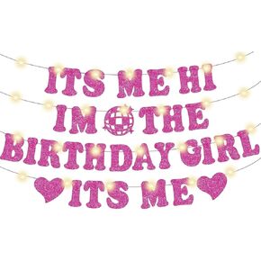 Its Me Hi Im the Birthday Girl Its Me Banner with Led Lights, Light Up Happy Birthday Banner Hot Pink Glitter Birthday Decorations Banner for Fans Girls Women Birthday Party