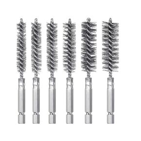Stainless Steel Bore Brush Stainless Steel Bristles Wire Brush for Power Drill with Hex Shank Handle (0.31inch .39 inch .47inch .59 inch .67 inch .75 inch, 6 Pcs), Silvery
