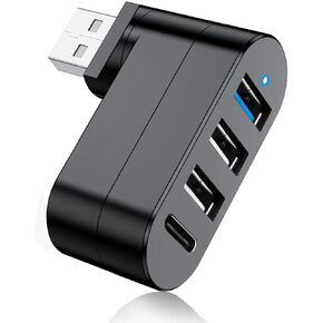 USB 3.0 Hub [90°/180° Degree Rotatable], 4-Port USB Splitter Extender with 3 USB Ports & 1 USB C Power/Data Port, USB Hub for Laptop, Car, MacBook Pro/Air/Pro