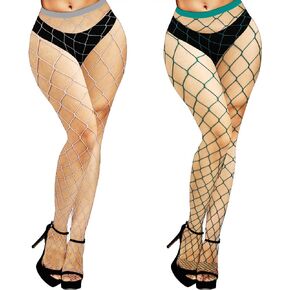 Womens Fishnets Sexy Fishnet Tights High Waist Fishnet Pantyhose Mesh Fishnet Stockings 2 Pack, XL Hole