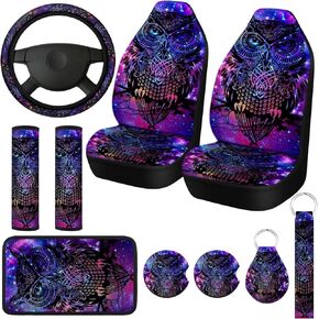 10 Pcs Purple Colorful Owl Car Seat Covers Set Car Steering Wheel Cover Front Seat Covers Seat Belt Pads Armrest Pad Cup Holder Strap Car Decor Accessories for Vehicle Car SUV Truck